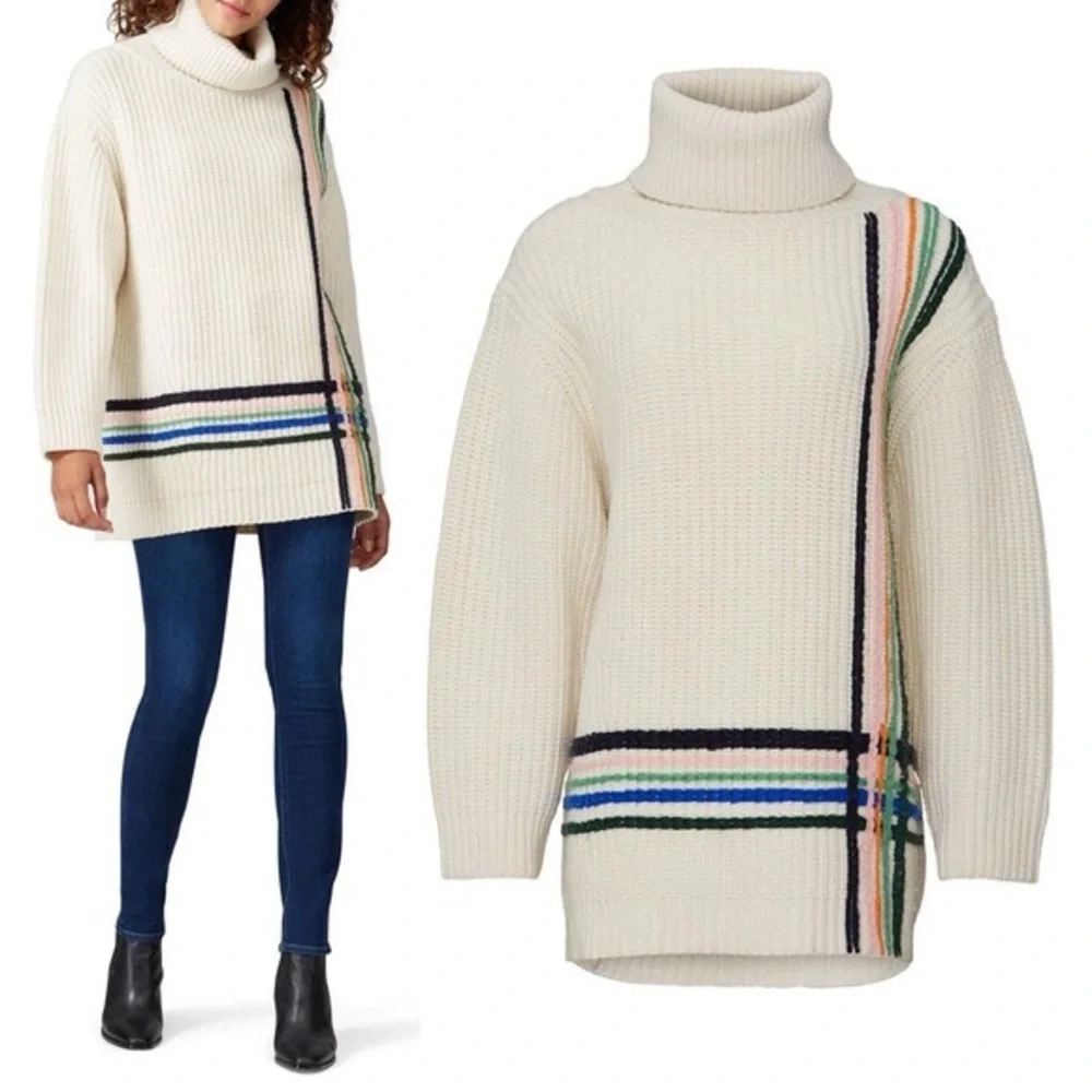 New! Tory Burch Sport Wool Cream Turtleneck Sweater with Multicolor Stripes 🤍 XS